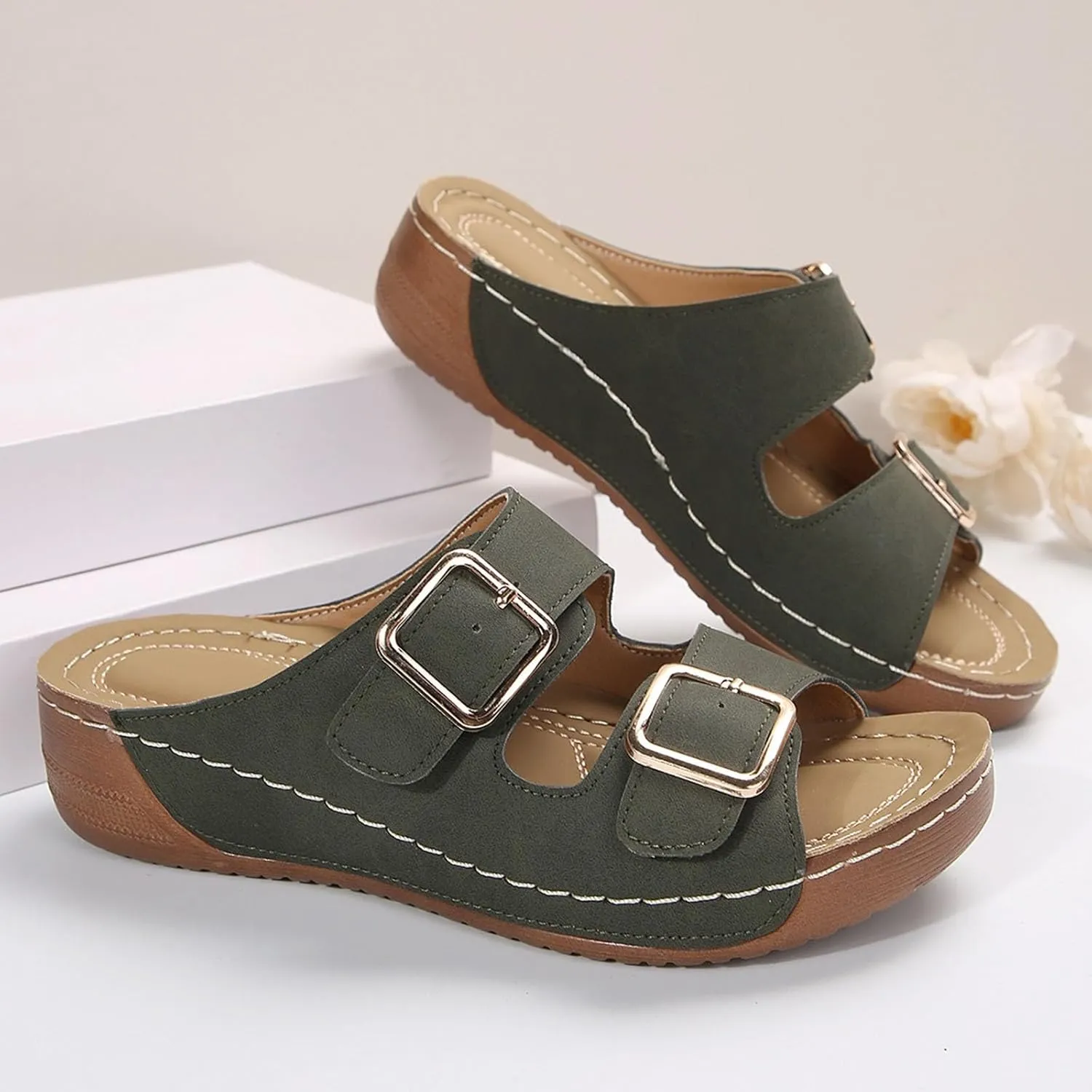 Womens Slide Sandals Cork Footbed Open Toe Adjustable Platform Sandals Comfort Slip On Slippers for Summer