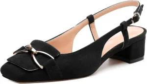 Womens Slingback Pumps, Square Toe Low Heels, Adjustable Ankle Buckle Fashion Comfort Wedding Casual Party Shoes