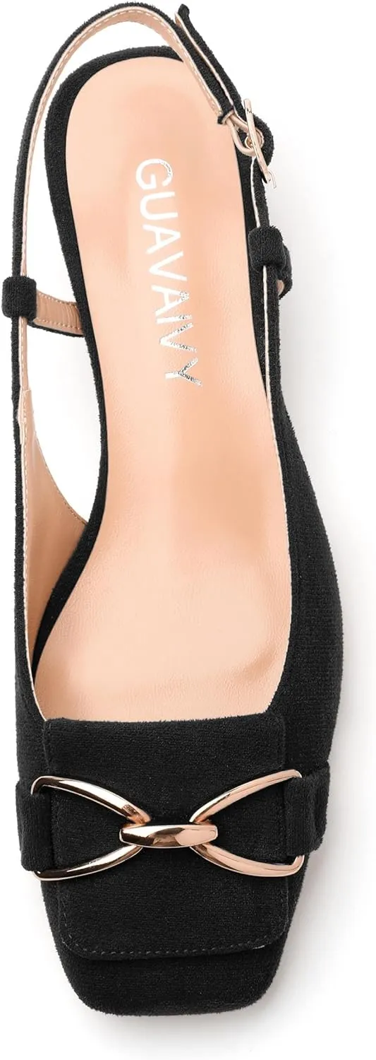 Womens Slingback Pumps, Square Toe Low Heels, Adjustable Ankle Buckle Fashion Comfort Wedding Casual Party Shoes