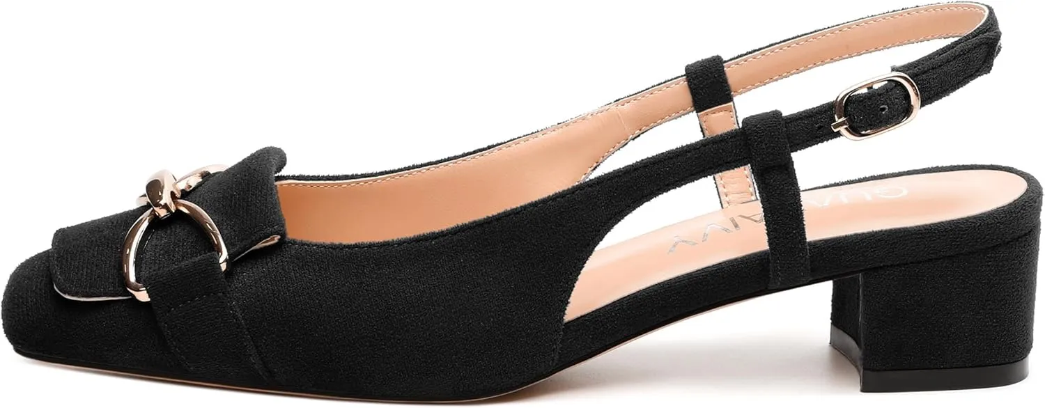 Womens Slingback Pumps, Square Toe Low Heels, Adjustable Ankle Buckle Fashion Comfort Wedding Casual Party Shoes