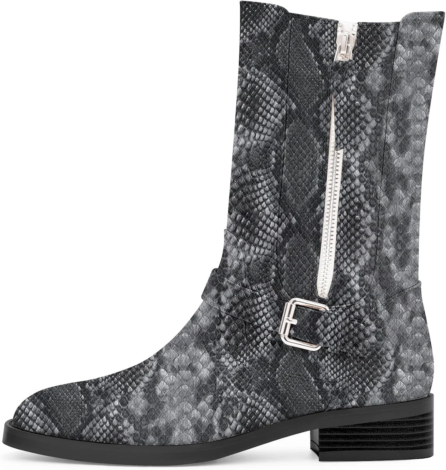Women's Slip On Low Chunky Heel Buckle Strap Biker Mid Calf Boots