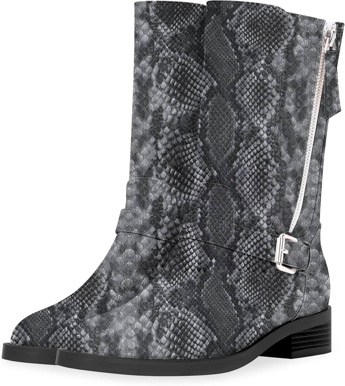 Women's Slip On Low Chunky Heel Buckle Strap Biker Mid Calf Boots