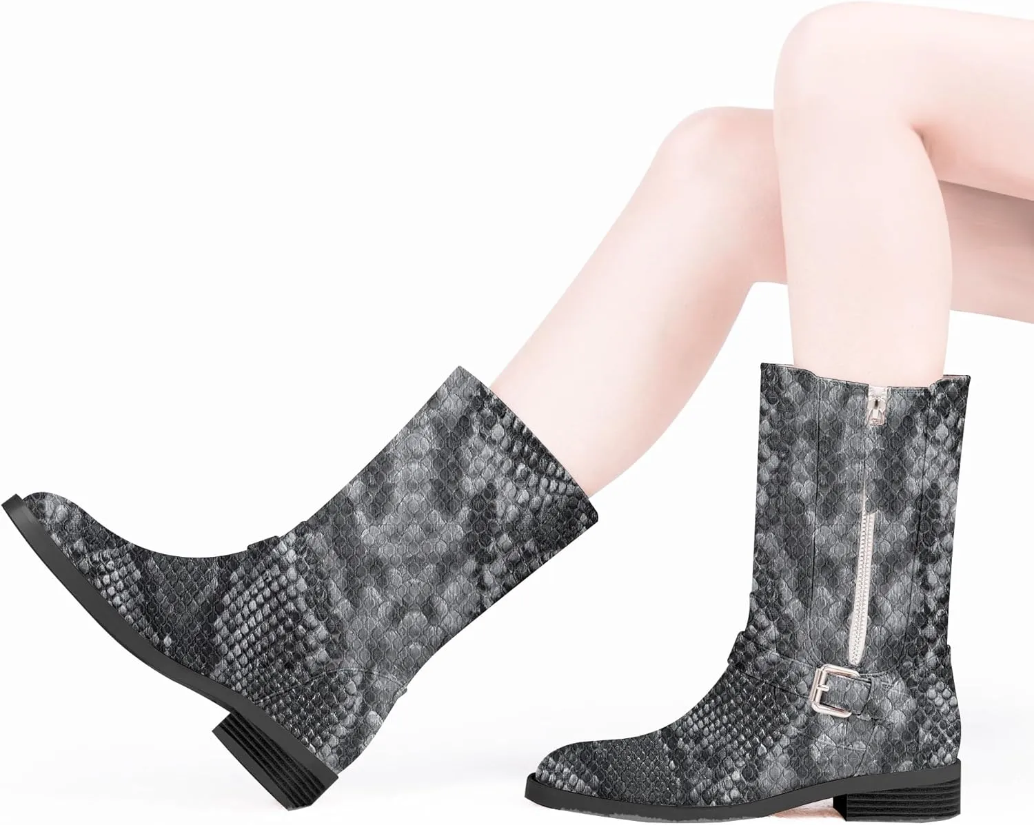 Women's Slip On Low Chunky Heel Buckle Strap Biker Mid Calf Boots