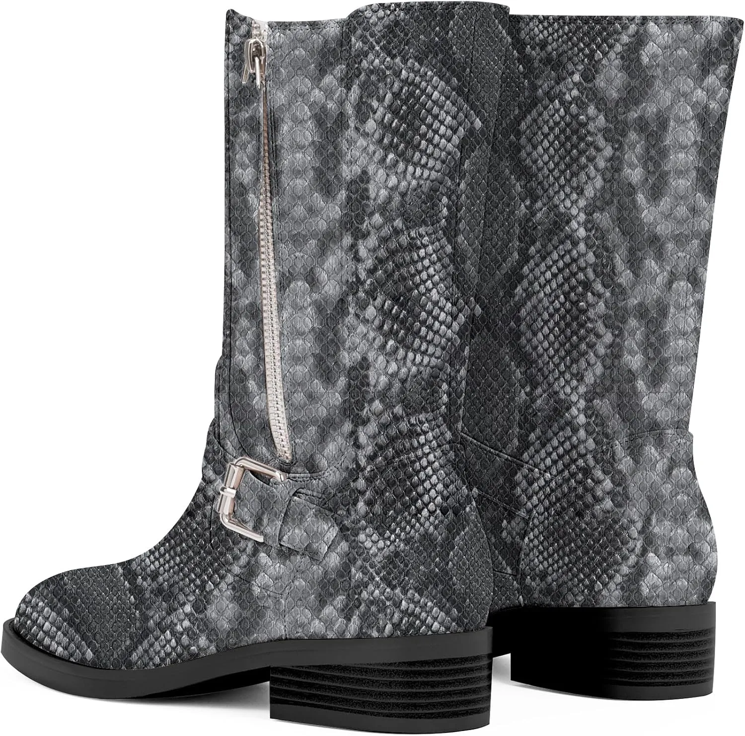 Women's Slip On Low Chunky Heel Buckle Strap Biker Mid Calf Boots