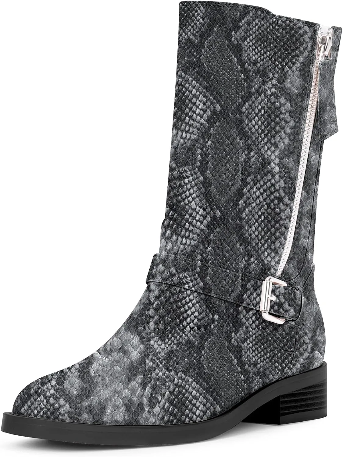 Women's Slip On Low Chunky Heel Buckle Strap Biker Mid Calf Boots