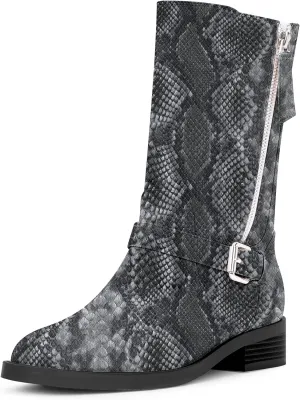 Women's Slip On Low Chunky Heel Buckle Strap Biker Mid Calf Boots