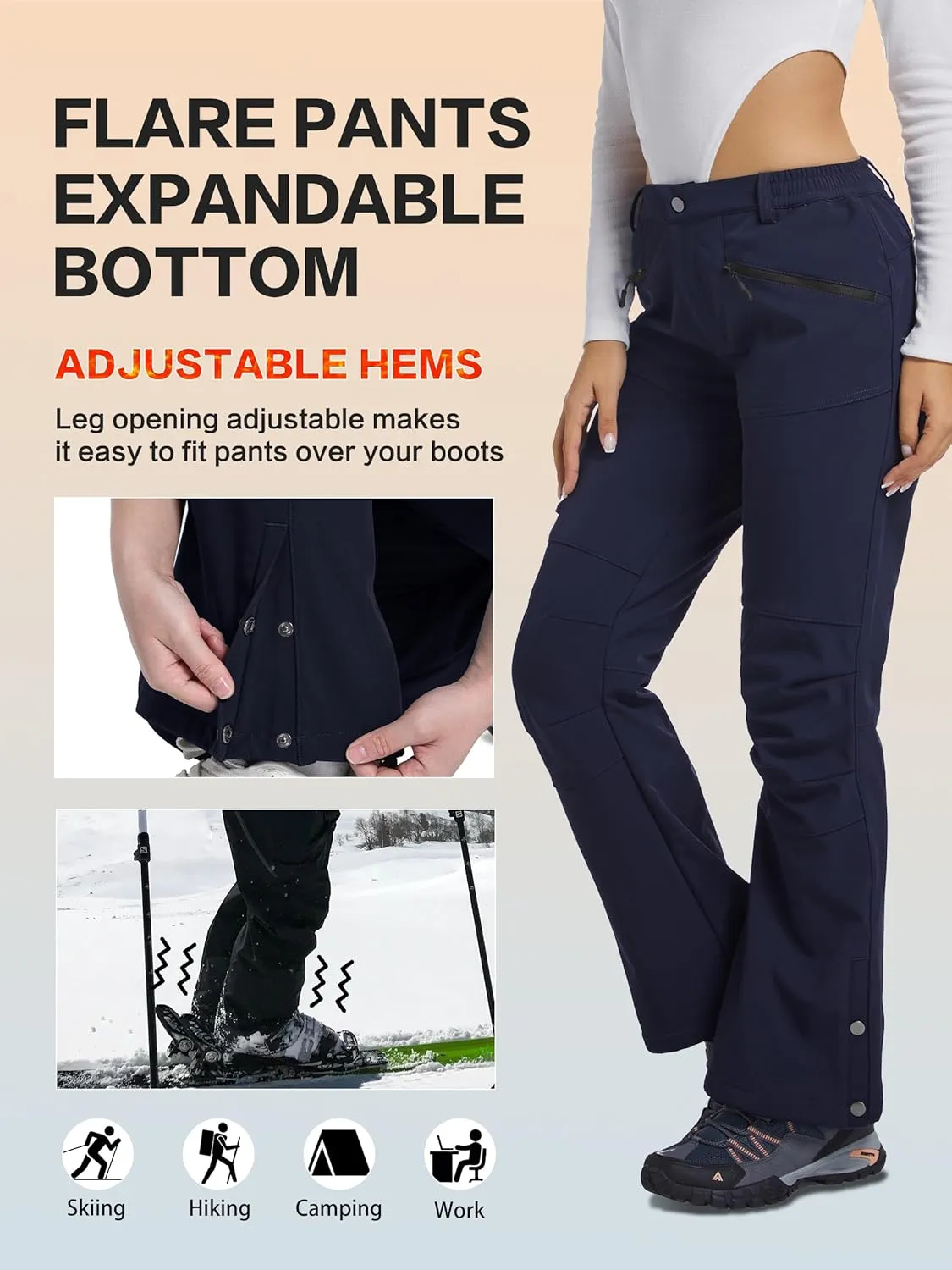 Women's Snow Ski Hiking Pants Waterproof Fleece Lined Softshell Insulated Winter Snowboarding Outdoor Flare Pants