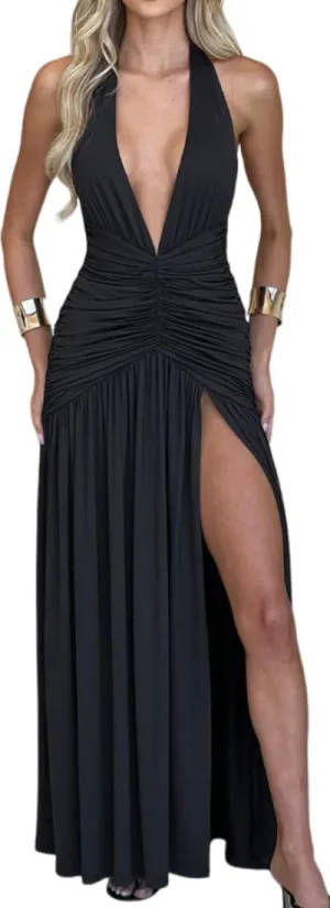 Women's Solid Color Sexy Sleeveless Summer Dress Backless Deep V Neck Halter Hollow Out Casual Side Slit Party Dress