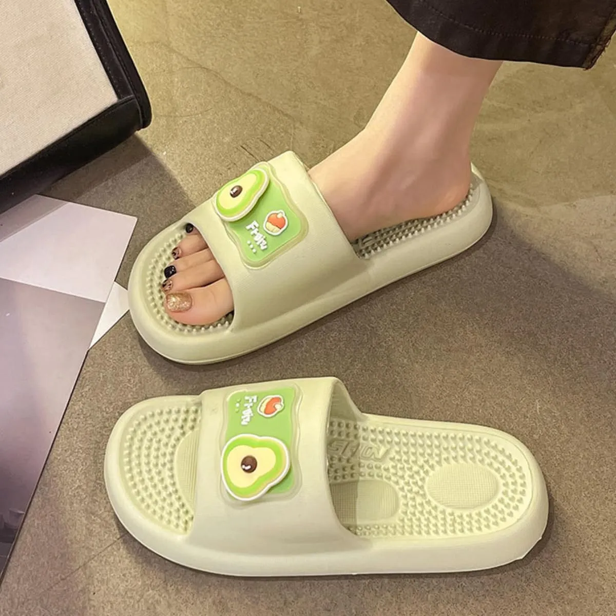 Women's Strawberry Avocado Sandals Non-Slip Soft Slippers Cute Fruit Bathroom Slip-on Slides Thick Sole Indoor