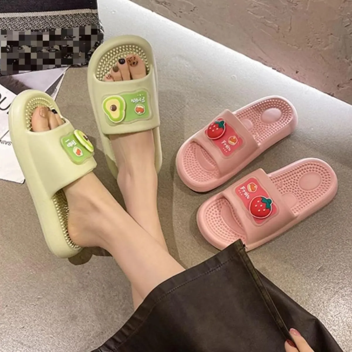 Women's Strawberry Avocado Sandals Non-Slip Soft Slippers Cute Fruit Bathroom Slip-on Slides Thick Sole Indoor