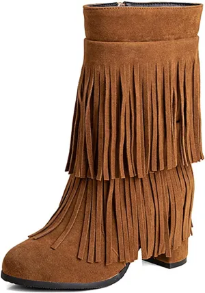 Women's Suede Double Tassel Mid Calf Boot,Fashion Chunky Heel Side Zipper Classic Western Boots Wide Calf Riding Cowgirl Cowboy Boots Height Increasing Warm Winter Short Boot