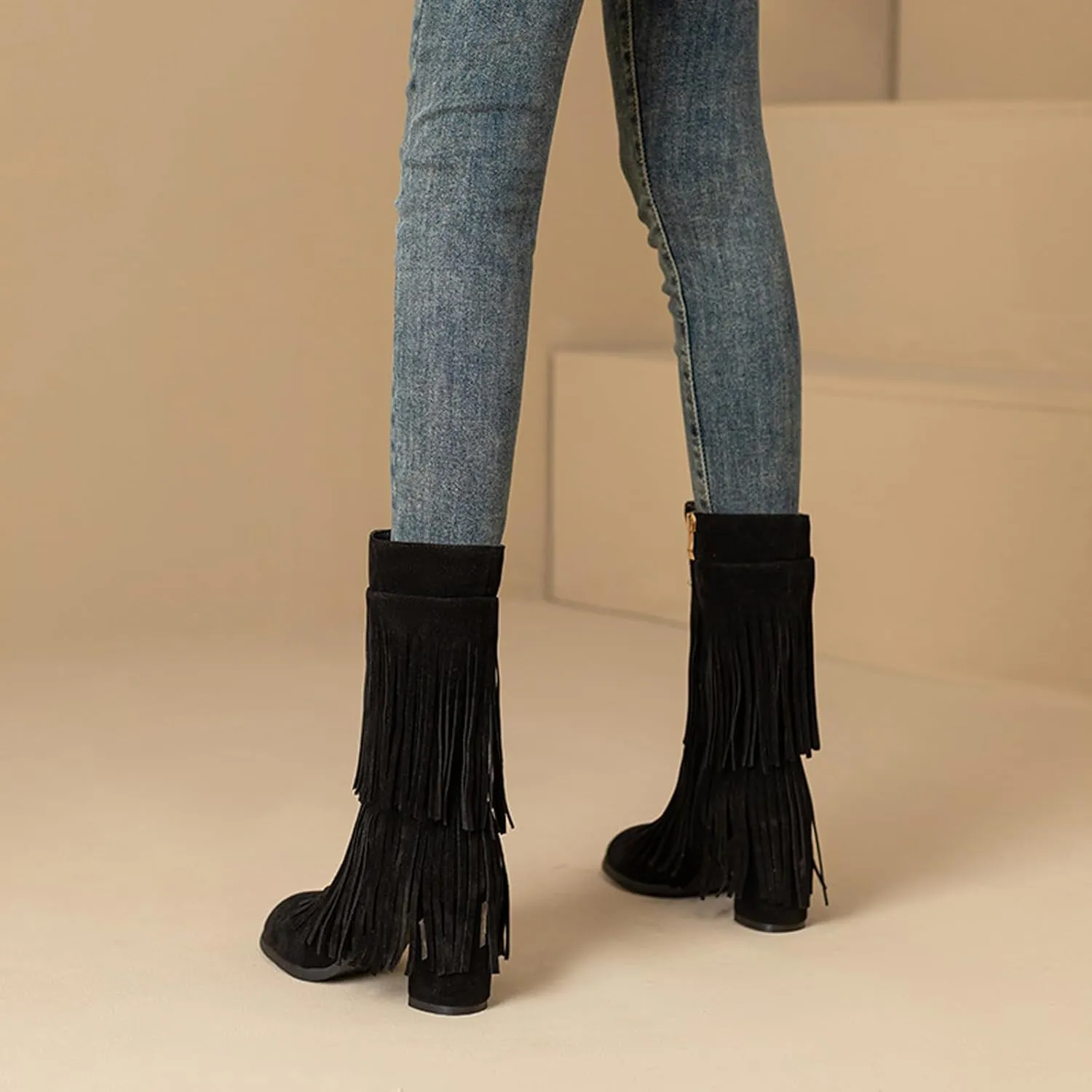 Women's Suede Double Tassel Mid Calf Boot,Fashion Chunky Heel Side Zipper Classic Western Boots Wide Calf Riding Cowgirl Cowboy Boots Height Increasing Warm Winter Short Boot