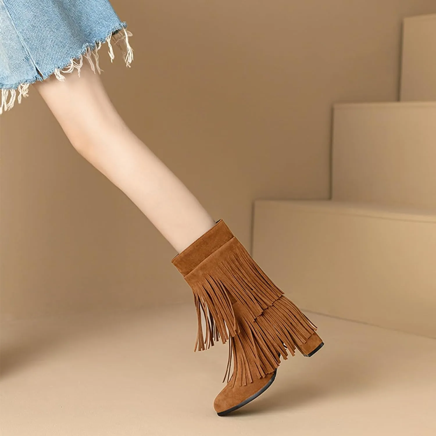 Women's Suede Double Tassel Mid Calf Boot,Fashion Chunky Heel Side Zipper Classic Western Boots Wide Calf Riding Cowgirl Cowboy Boots Height Increasing Warm Winter Short Boot