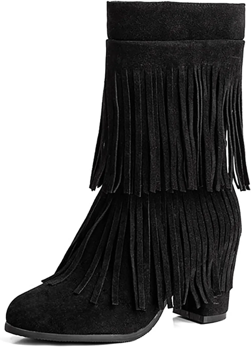 Women's Suede Double Tassel Mid Calf Boot,Fashion Chunky Heel Side Zipper Classic Western Boots Wide Calf Riding Cowgirl Cowboy Boots Height Increasing Warm Winter Short Boot
