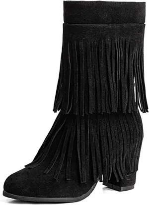 Women's Suede Double Tassel Mid Calf Boot,Fashion Chunky Heel Side Zipper Classic Western Boots Wide Calf Riding Cowgirl Cowboy Boots Height Increasing Warm Winter Short Boot