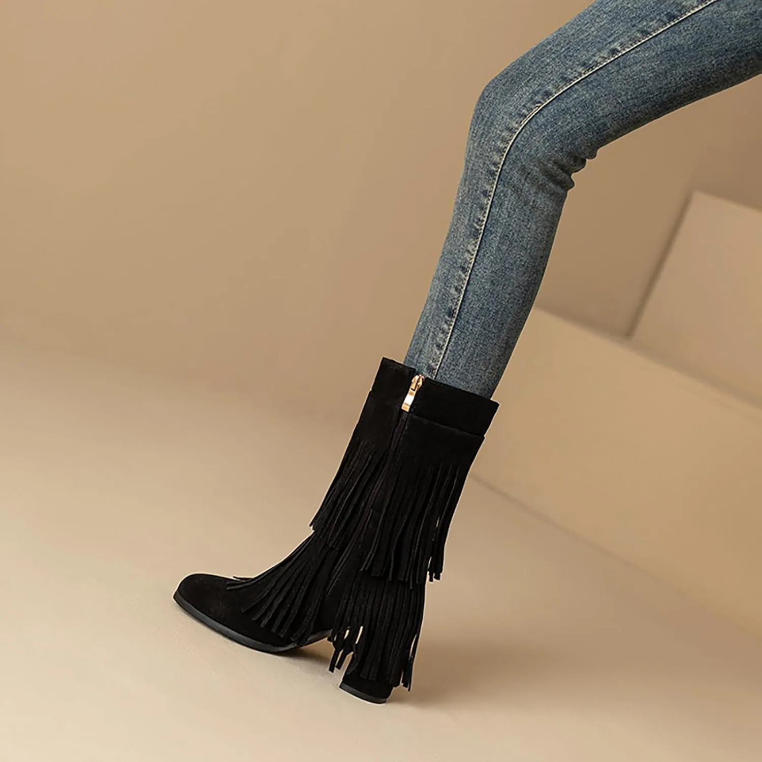 Women's Suede Double Tassel Mid Calf Boot,Fashion Chunky Heel Side Zipper Classic Western Boots Wide Calf Riding Cowgirl Cowboy Boots Height Increasing Warm Winter Short Boot