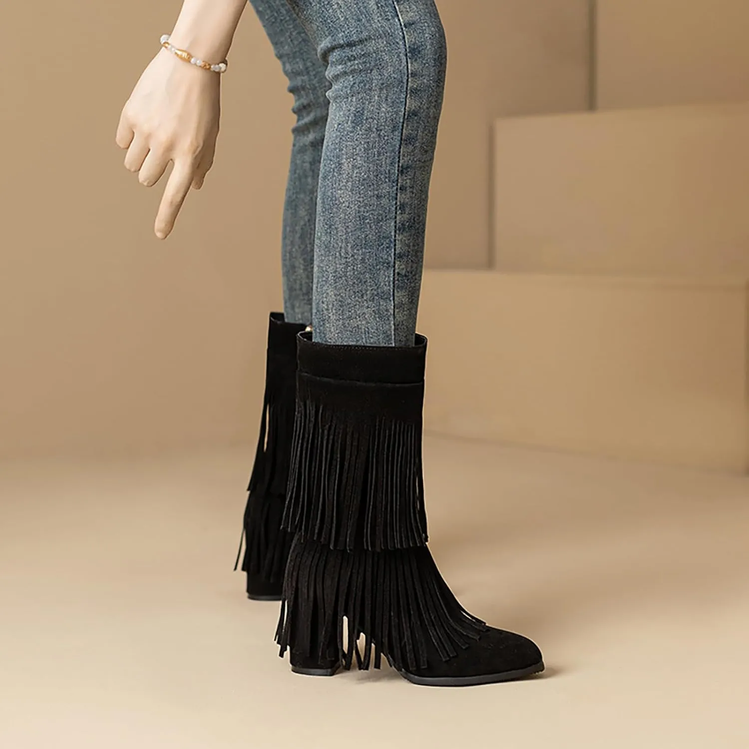 Women's Suede Double Tassel Mid Calf Boot,Fashion Chunky Heel Side Zipper Classic Western Boots Wide Calf Riding Cowgirl Cowboy Boots Height Increasing Warm Winter Short Boot