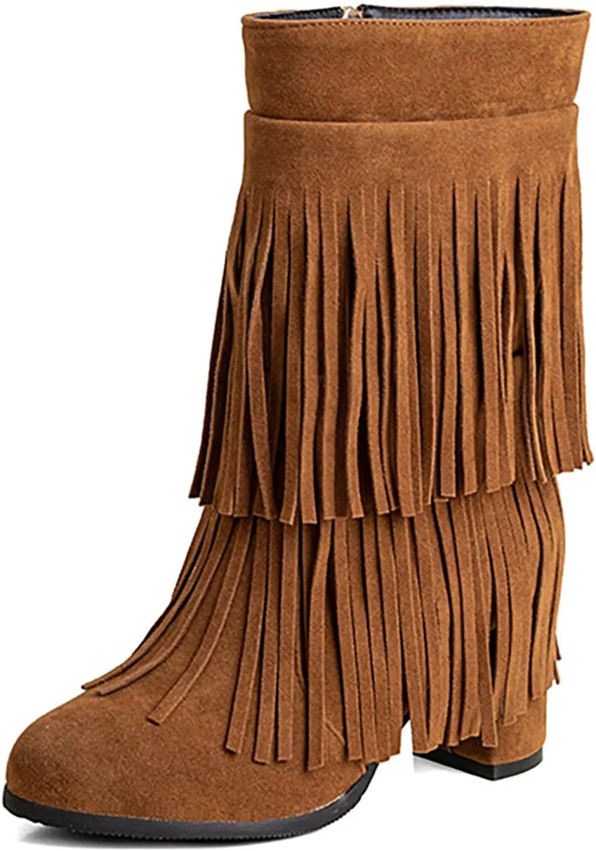 Women's Suede Double Tassel Mid Calf Boot,Fashion Chunky Heel Side Zipper Classic Western Boots Wide Calf Riding Cowgirl Cowboy Boots Height Increasing Warm Winter Short Boot