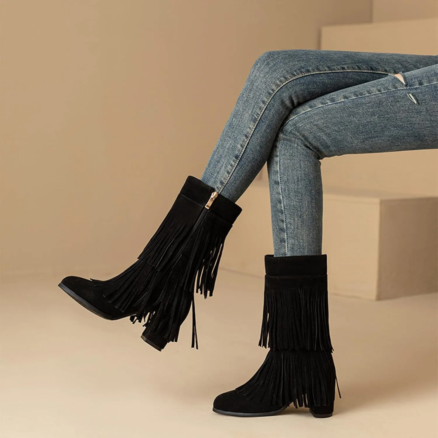 Women's Suede Double Tassel Mid Calf Boot,Fashion Chunky Heel Side Zipper Classic Western Boots Wide Calf Riding Cowgirl Cowboy Boots Height Increasing Warm Winter Short Boot