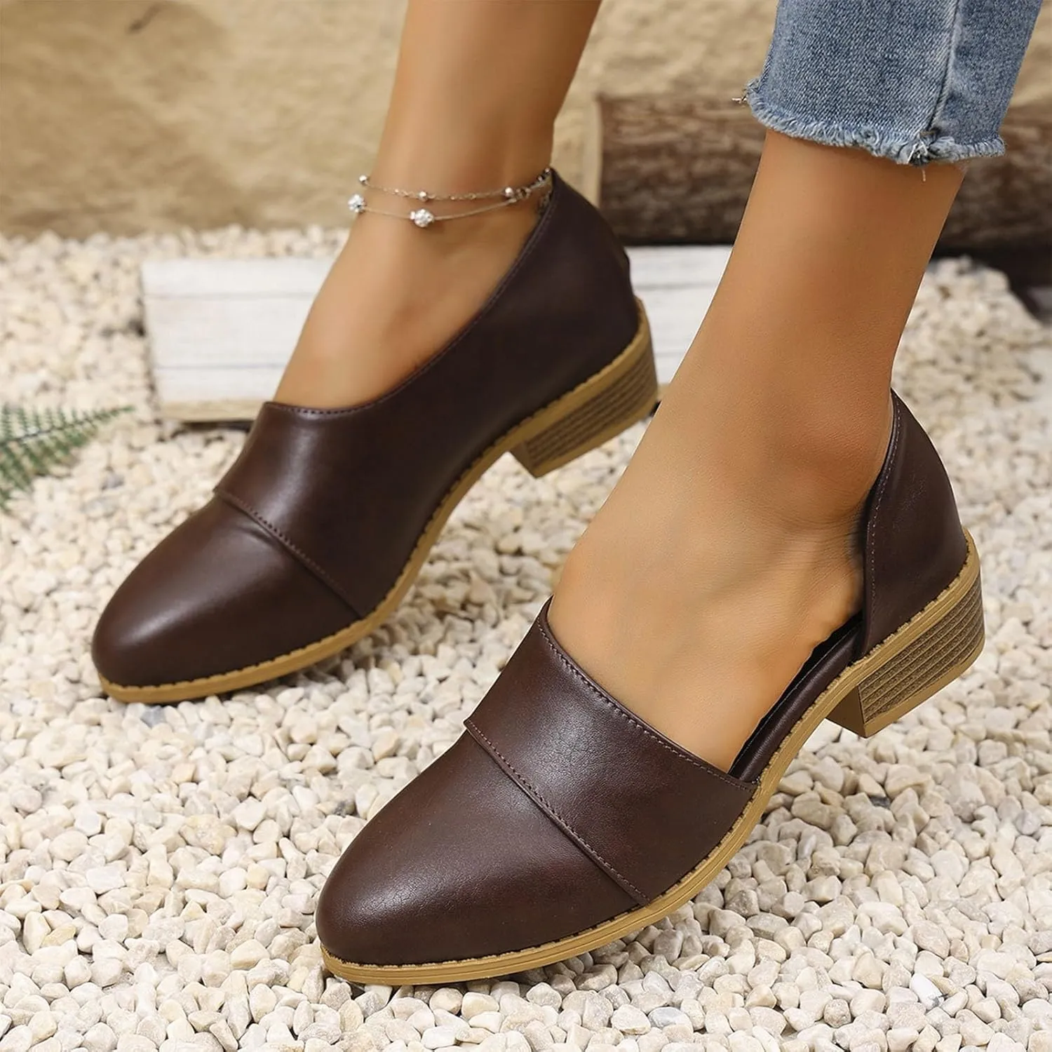 Women's Summer Boots 2025 Fashion Side Cut Out Flat Loafer Pointed Toe Chunky Block Low Heel Western Ankle Booties