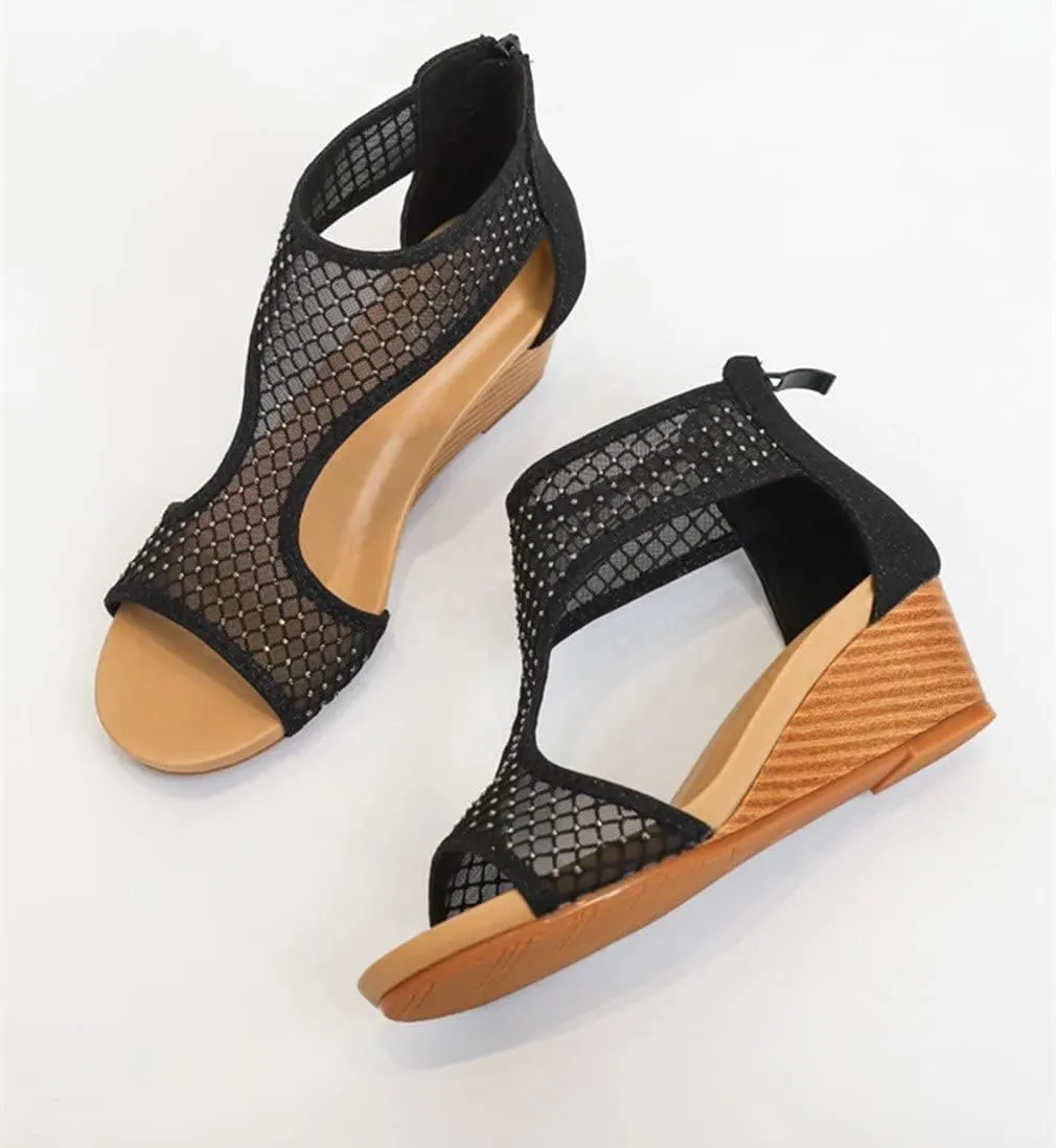 Women's Summer Wedge Sandals Gladiator Rhinestone High Heel Breathable Beach Sandals Roman Open Toe Casual Dress Sandals