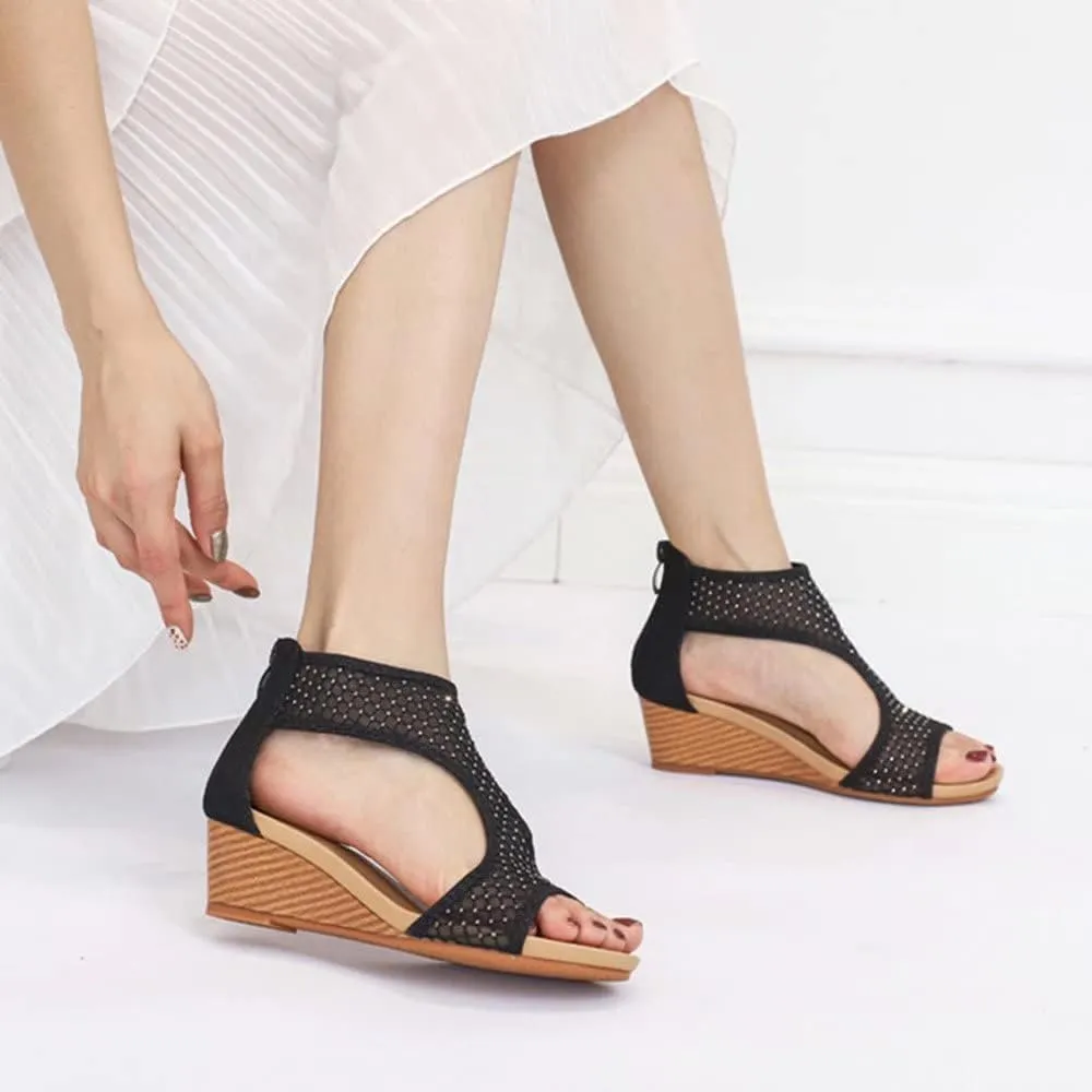 Women's Summer Wedge Sandals Gladiator Rhinestone High Heel Breathable Beach Sandals Roman Open Toe Casual Dress Sandals