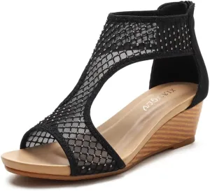 Women's Summer Wedge Sandals Gladiator Rhinestone High Heel Breathable Beach Sandals Roman Open Toe Casual Dress Sandals