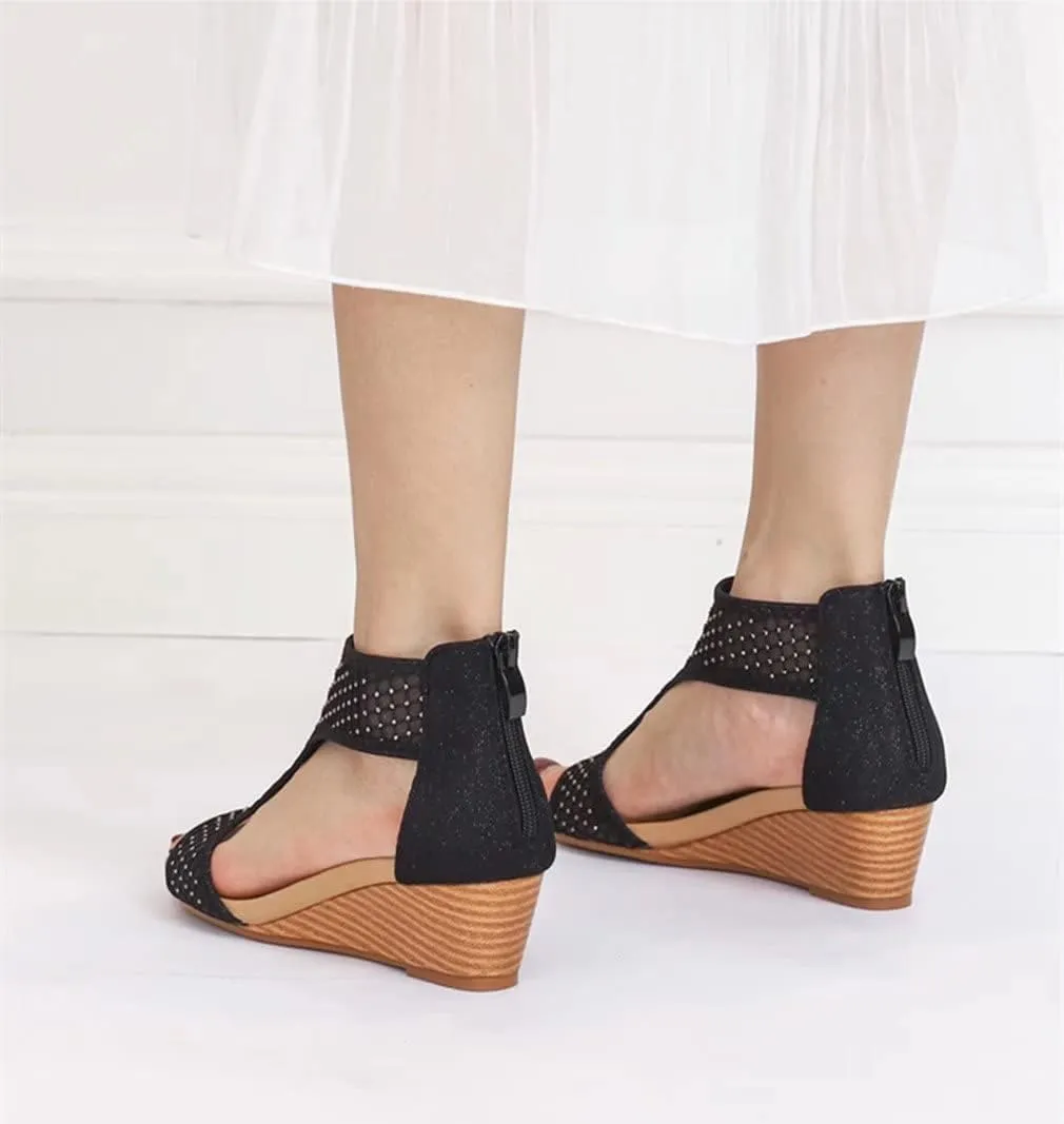 Women's Summer Wedge Sandals Gladiator Rhinestone High Heel Breathable Beach Sandals Roman Open Toe Casual Dress Sandals