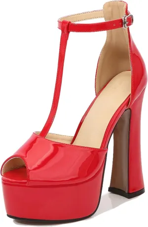 Women's T-Strap Platform Sandals Sexy Stiletto Heels Open Toe Strappy Buckle Party Shoes Solid Color Stripper Pole Dancer Court Heels