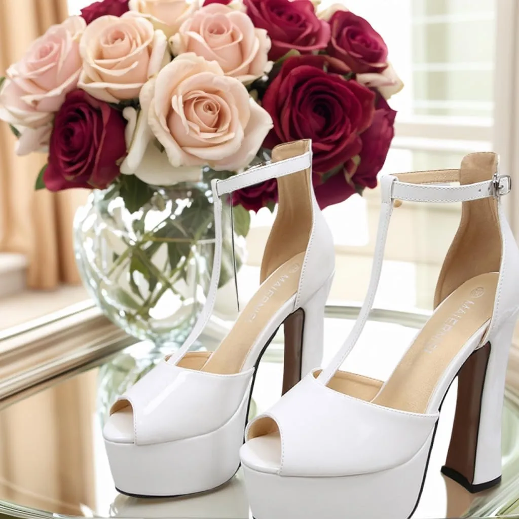 Women's T-Strap Platform Sandals Sexy Stiletto Heels Open Toe Strappy Buckle Party Shoes Solid Color Stripper Pole Dancer Court Heels
