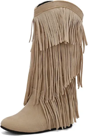 Women'S V-mouth Fringe Tassel Hidden Wedge Cowgirl Knee High Boot Pointed Toe Pull-On Low Heel Anti-Slip Keep Warm Moccasin Flat Mid Calf Boots