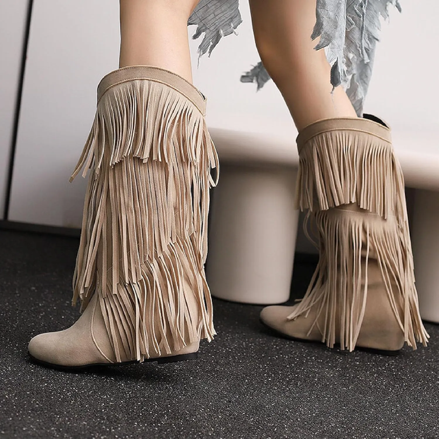 Women'S V-mouth Fringe Tassel Hidden Wedge Cowgirl Knee High Boot Pointed Toe Pull-On Low Heel Anti-Slip Keep Warm Moccasin Flat Mid Calf Boots