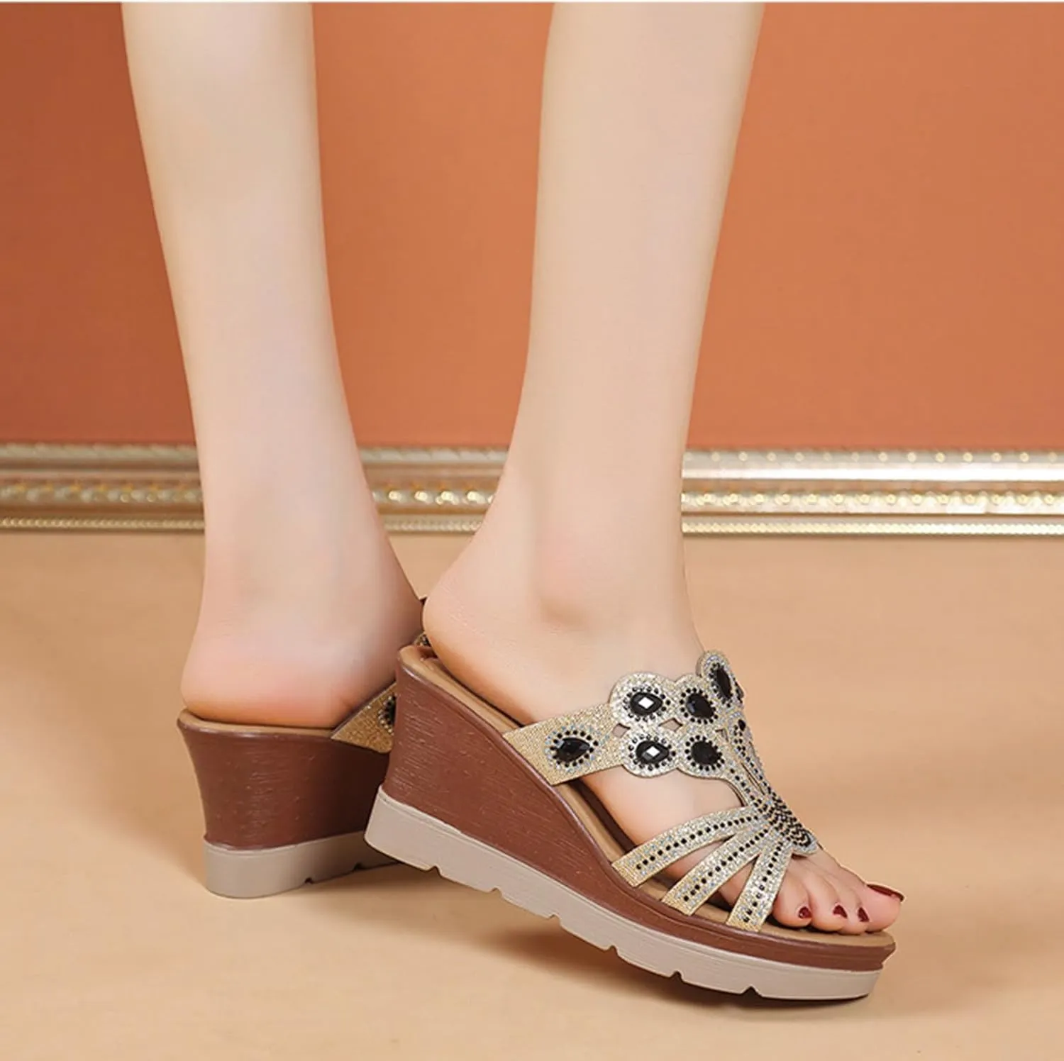 Womens Walking Sandals Comfortable Rhinestone Arch-Support Summer Shoes Fashion Pearls Thick Sole Sandal
