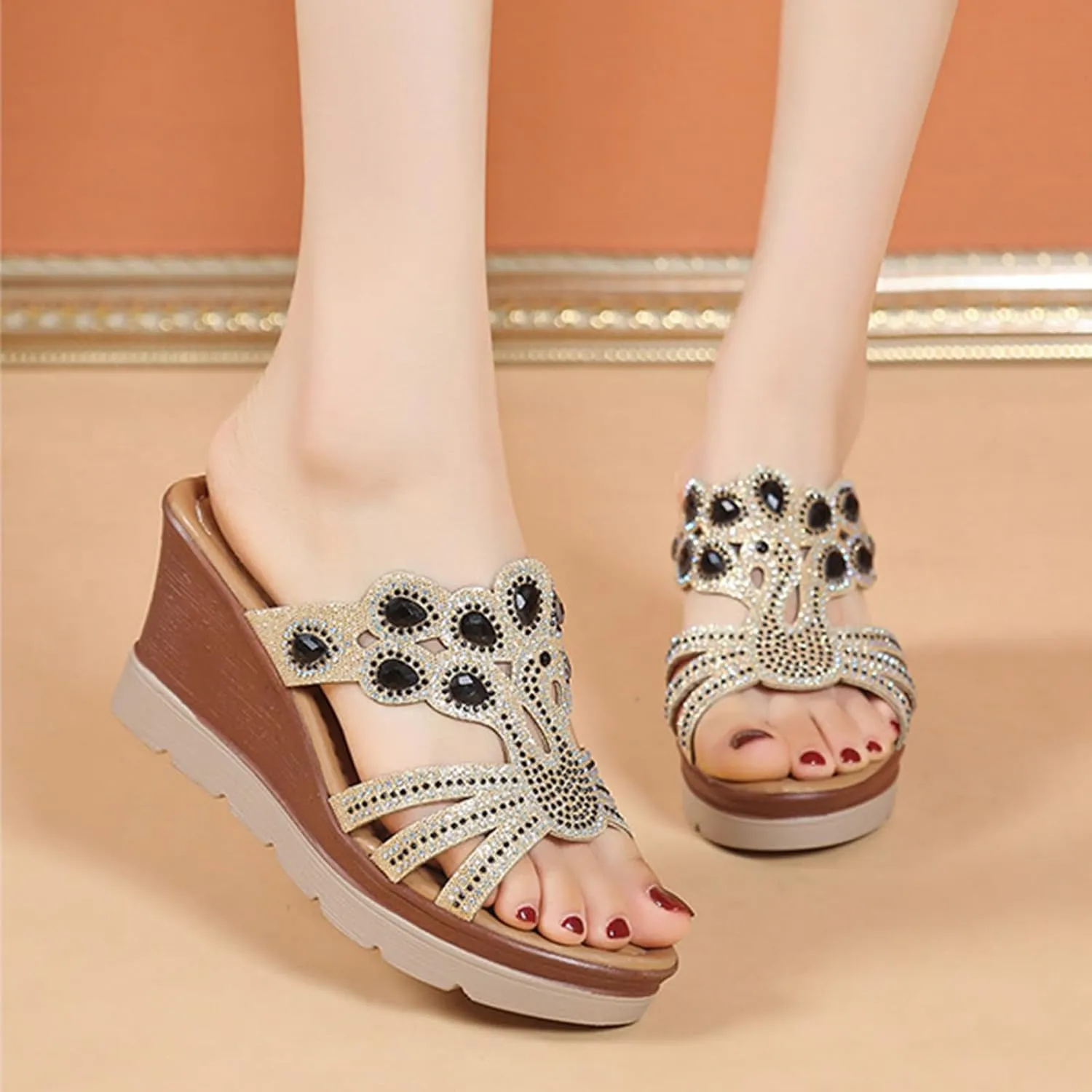 Womens Walking Sandals Comfortable Rhinestone Arch-Support Summer Shoes Fashion Pearls Thick Sole Sandal