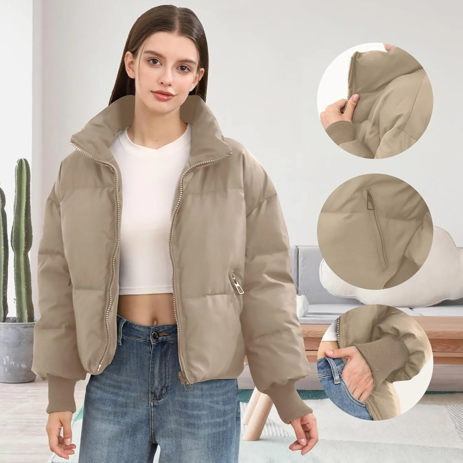 Women’s Winter Cropped Puffer Jacket Coat Casual Quilted Baggy Long Sleeve Zip Down Jackets Outerwear