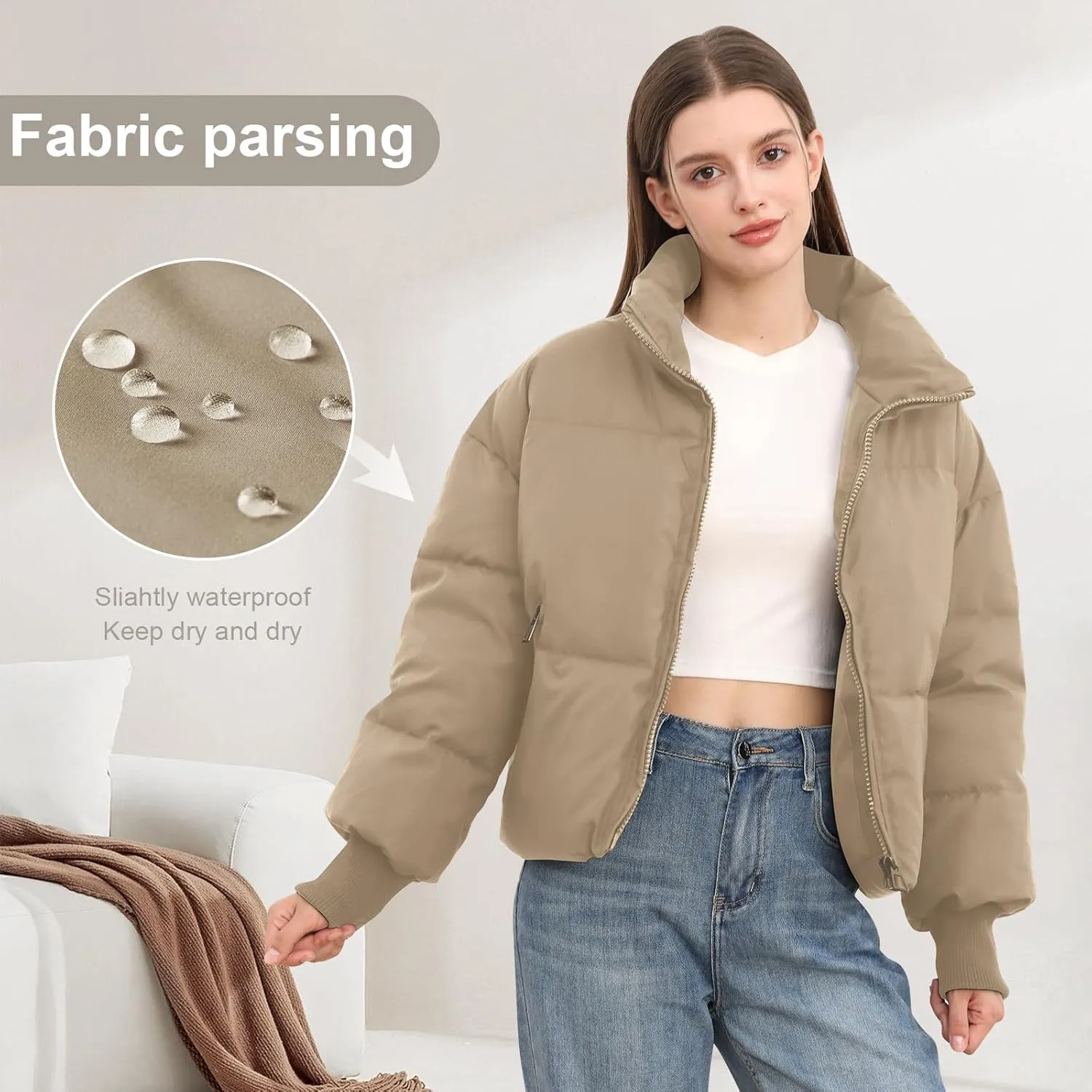Women’s Winter Cropped Puffer Jacket Coat Casual Quilted Baggy Long Sleeve Zip Down Jackets Outerwear