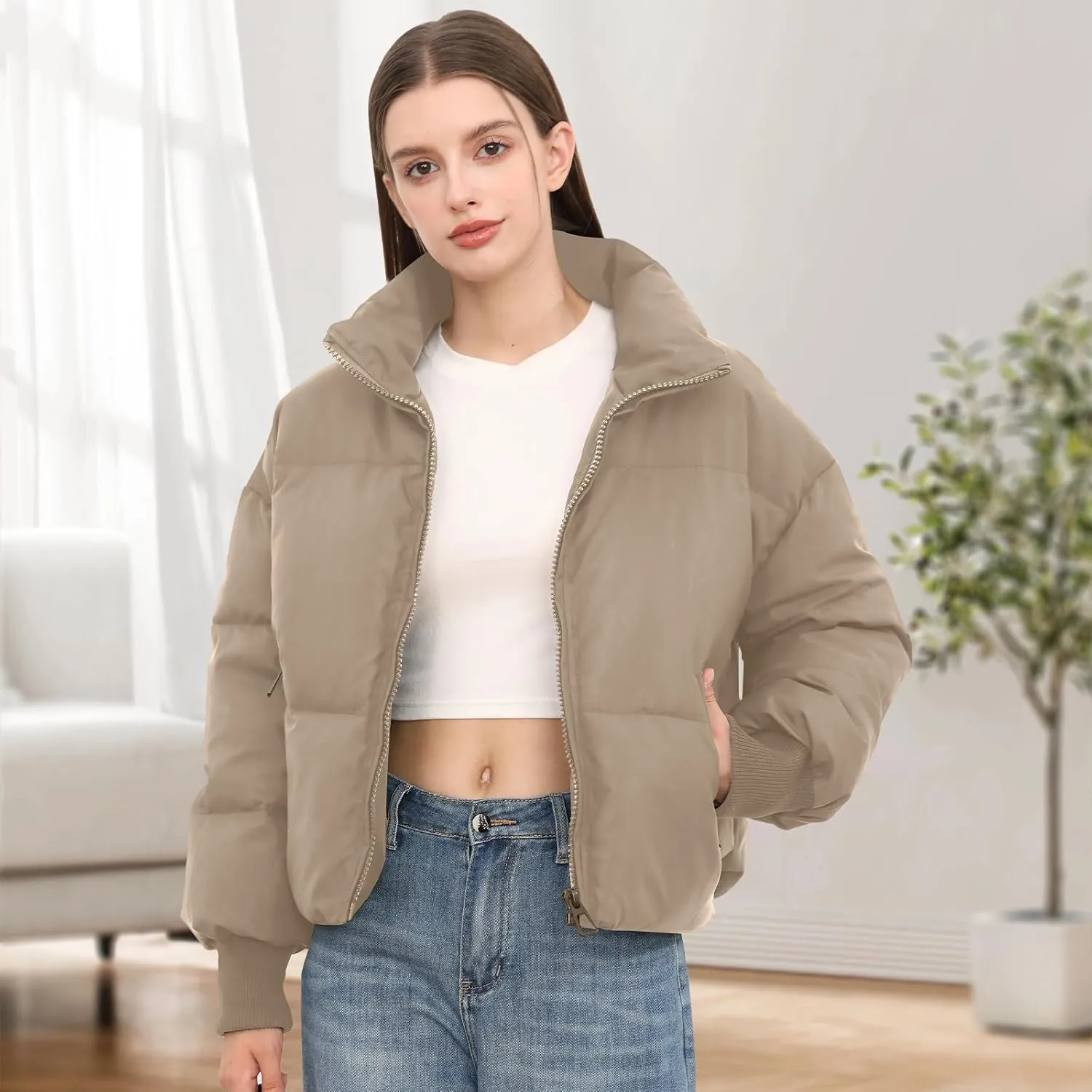 Women’s Winter Cropped Puffer Jacket Coat Casual Quilted Baggy Long Sleeve Zip Down Jackets Outerwear