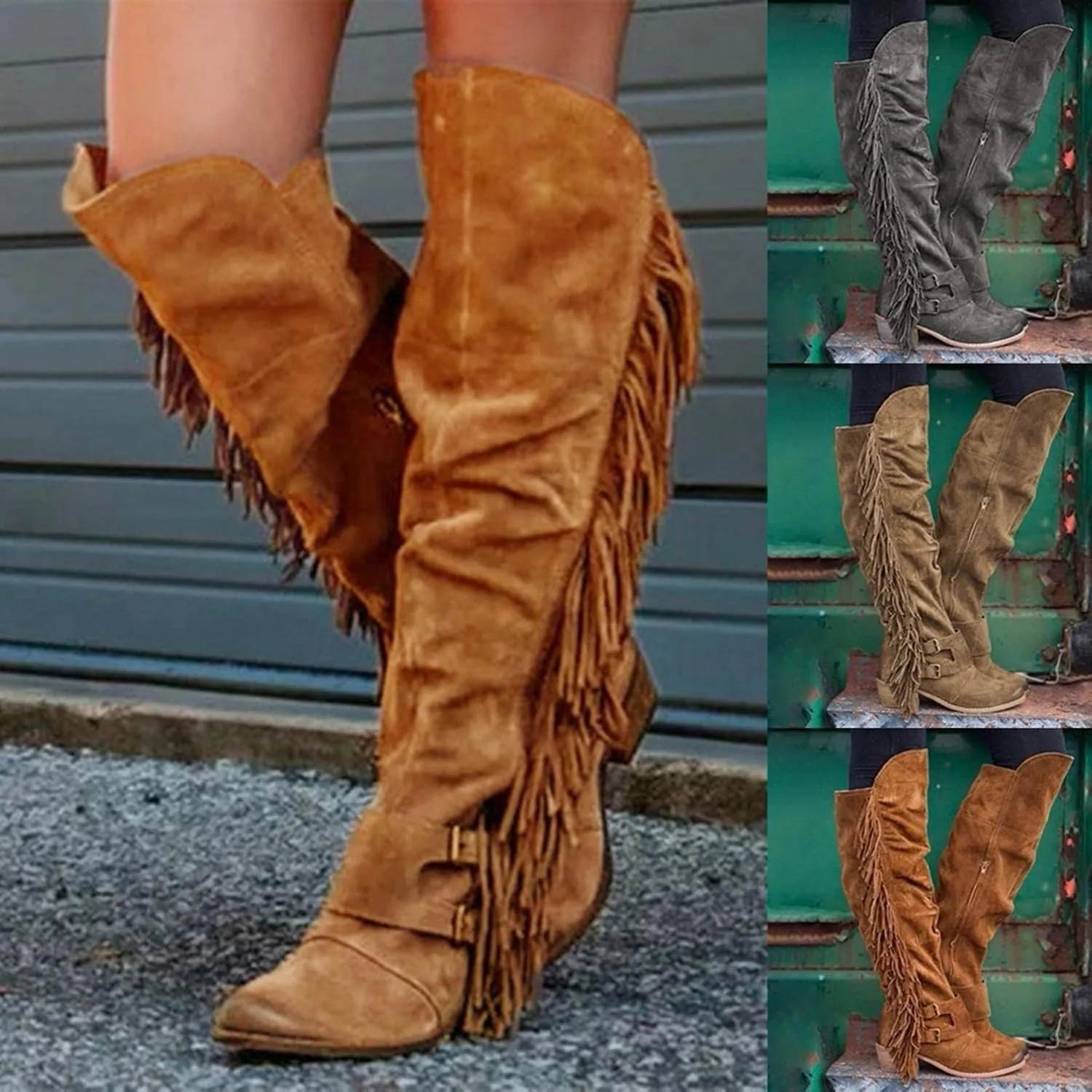 Women's Winter Round Toe Zipper Over The Knee Boots Warm Fringe Knee High Boots Outdoor Retro Chunky Heel Pull On Boot