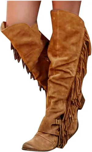 Women's Winter Round Toe Zipper Over The Knee Boots Warm Fringe Knee High Boots Outdoor Retro Chunky Heel Pull On Boot