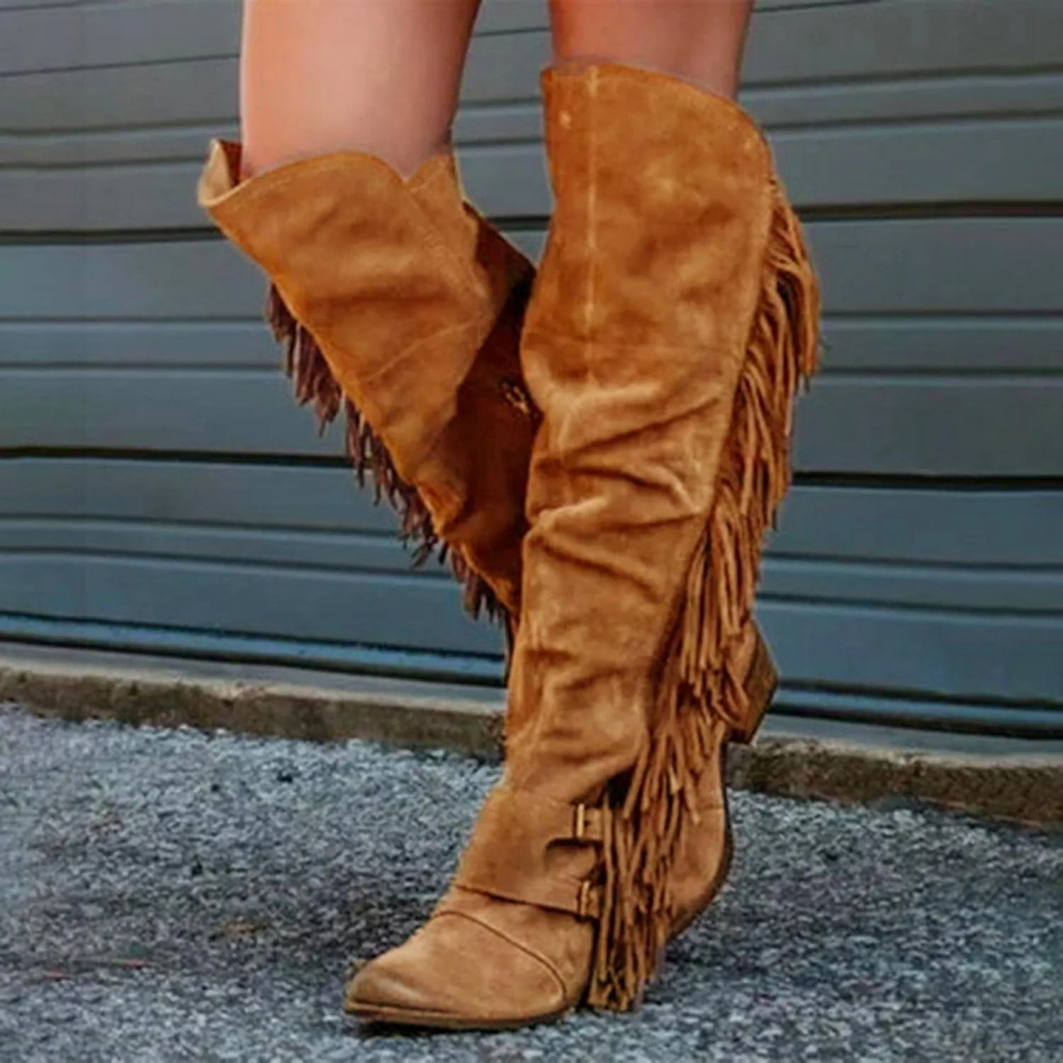Women's Winter Round Toe Zipper Over The Knee Boots Warm Fringe Knee High Boots Outdoor Retro Chunky Heel Pull On Boot