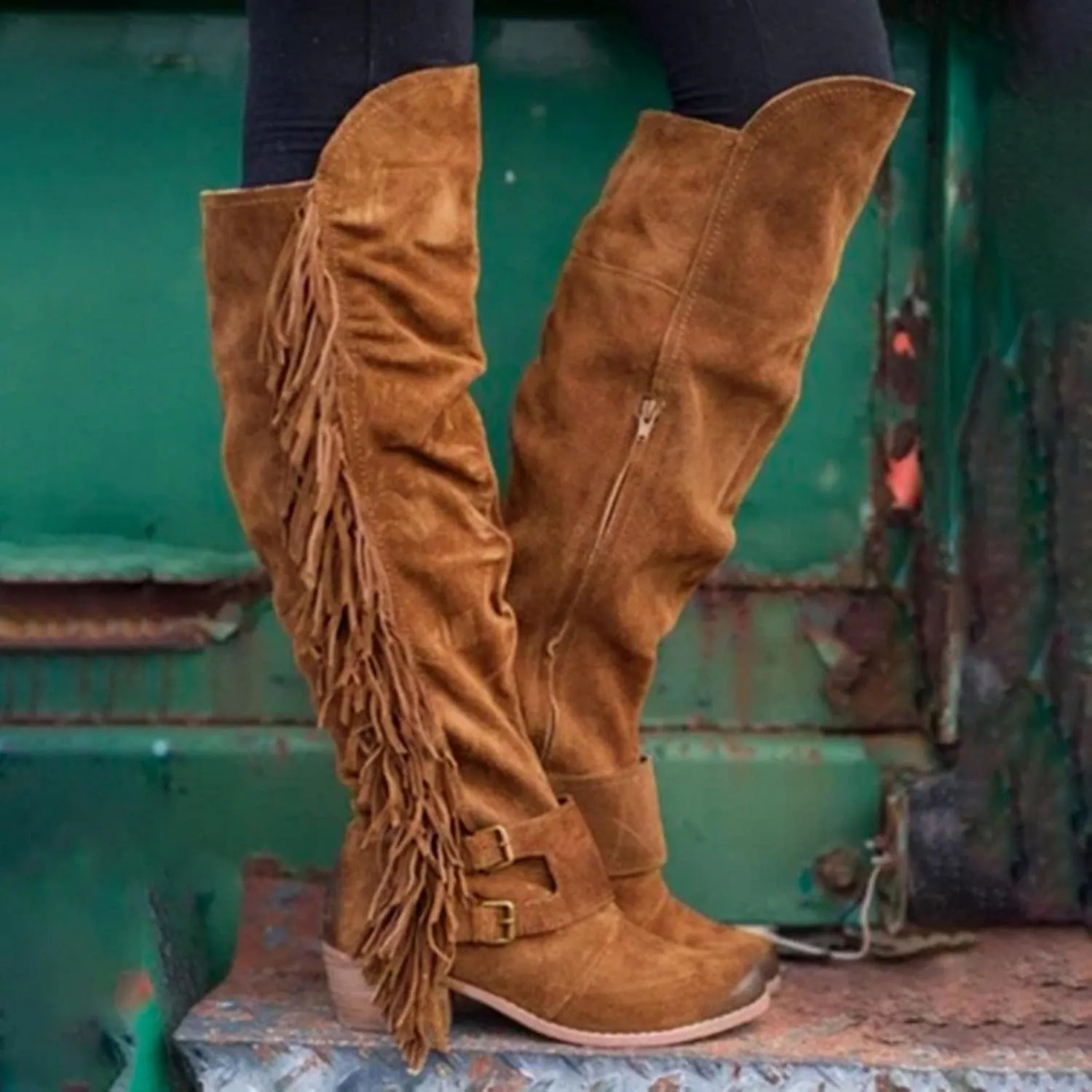 Women's Winter Round Toe Zipper Over The Knee Boots Warm Fringe Knee High Boots Outdoor Retro Chunky Heel Pull On Boot