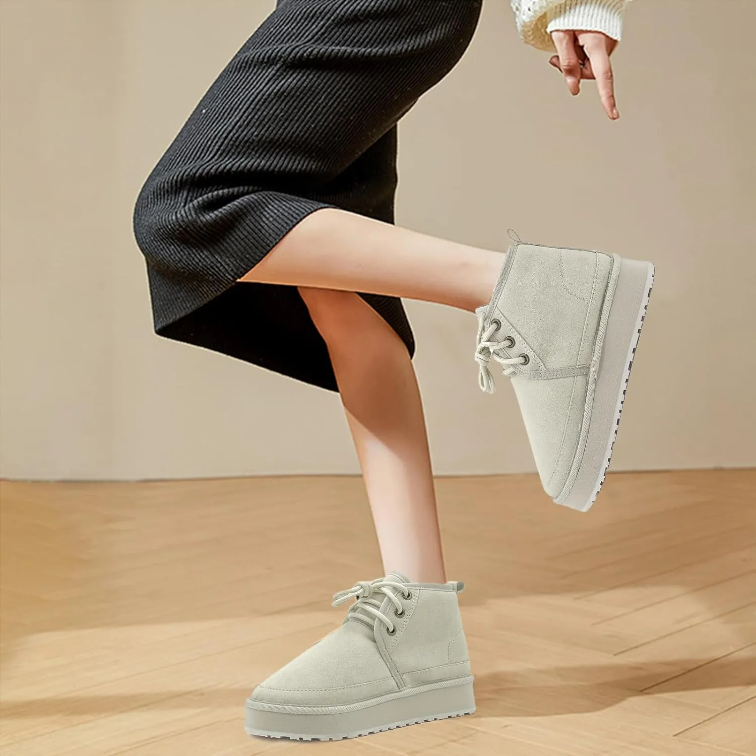 Women's Winter Snow Boots Mini Ankle Boots Suede Lace Up Fur lined Short Boots Cozy Warm Platform Booties for Women