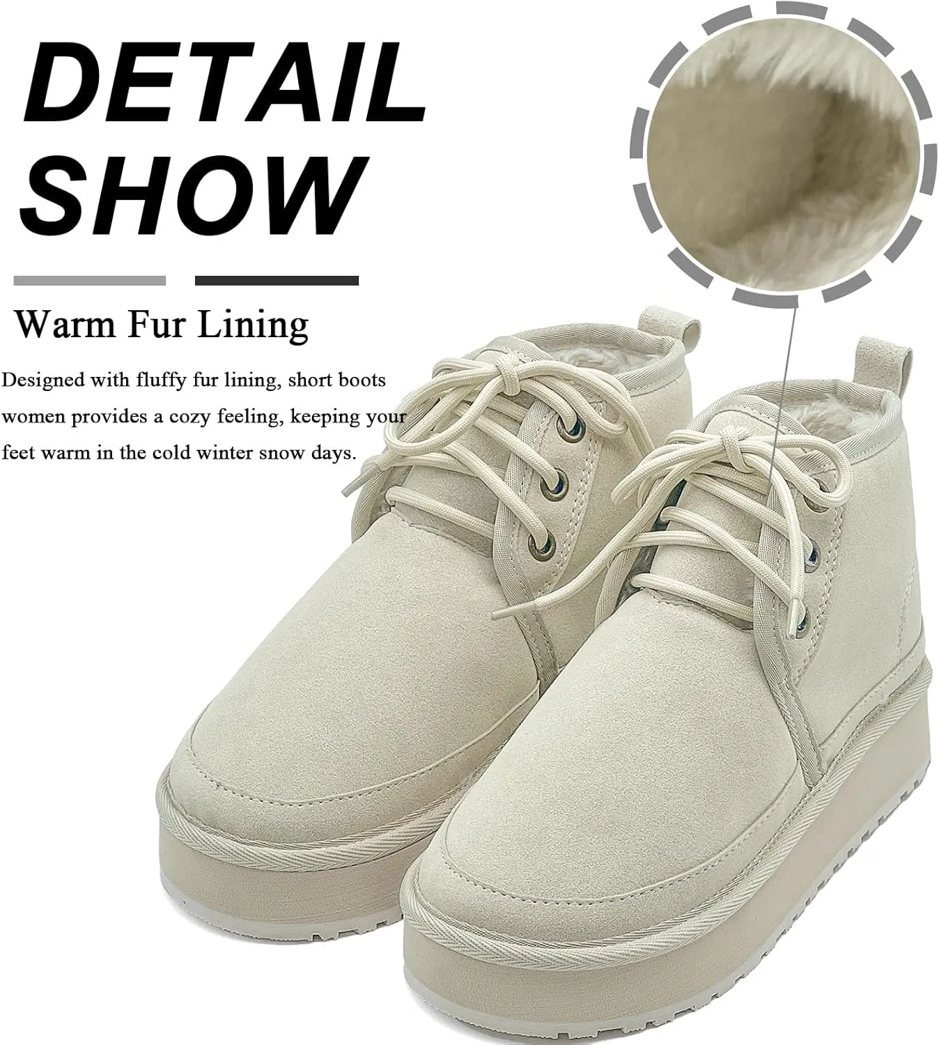 Women's Winter Snow Boots Mini Ankle Boots Suede Lace Up Fur lined Short Boots Cozy Warm Platform Booties for Women