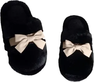Women's Winter Warm Bow Knot Fuzzy Plush Slippers, Cute Indoor Slip-On Home Shoes for Girls