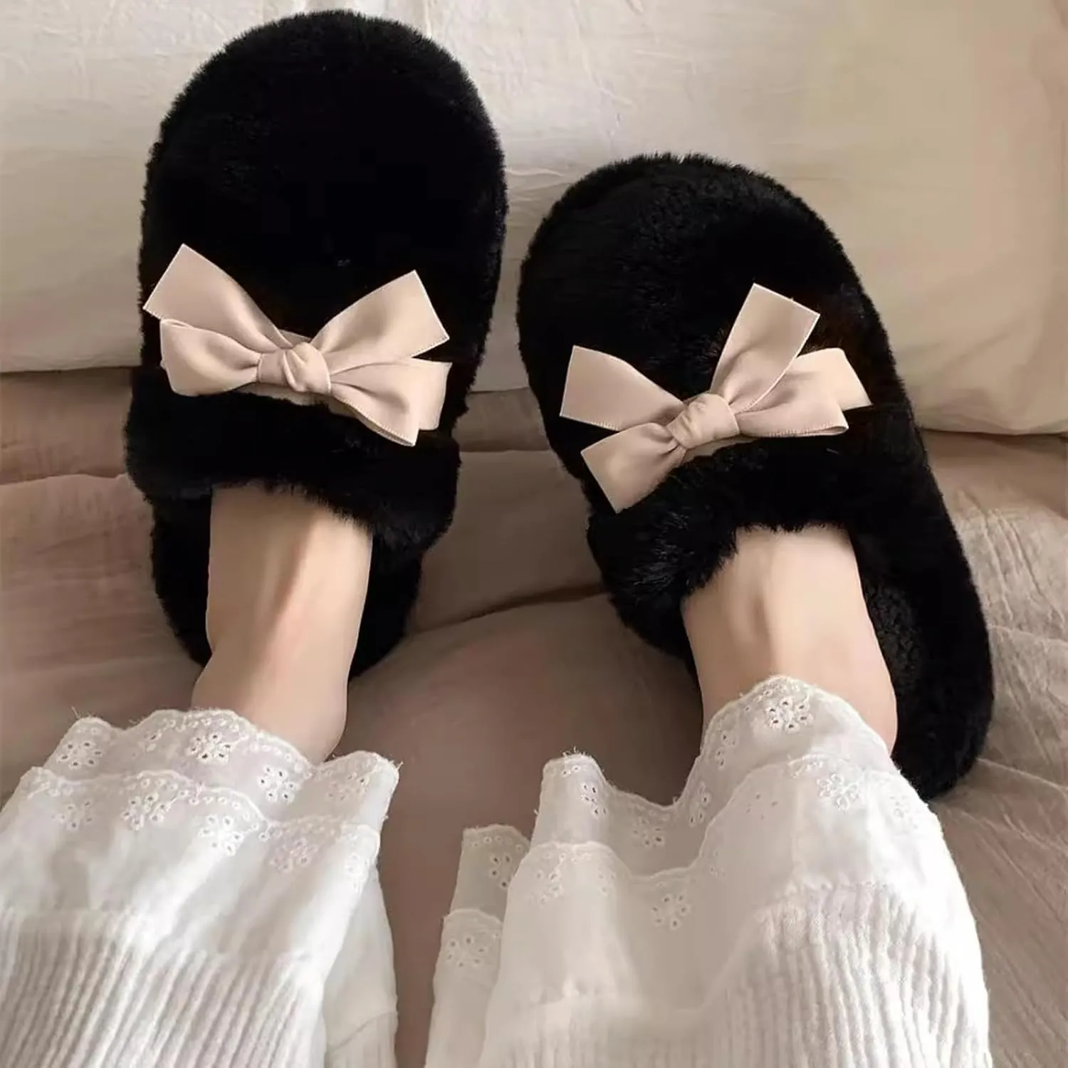 Women's Winter Warm Bow Knot Fuzzy Plush Slippers, Cute Indoor Slip-On Home Shoes for Girls
