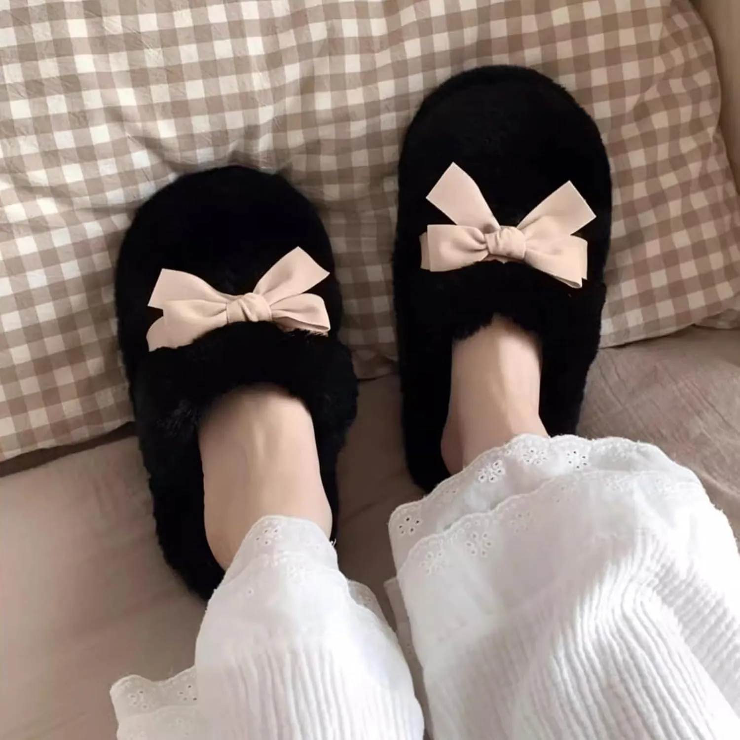 Women's Winter Warm Bow Knot Fuzzy Plush Slippers, Cute Indoor Slip-On Home Shoes for Girls