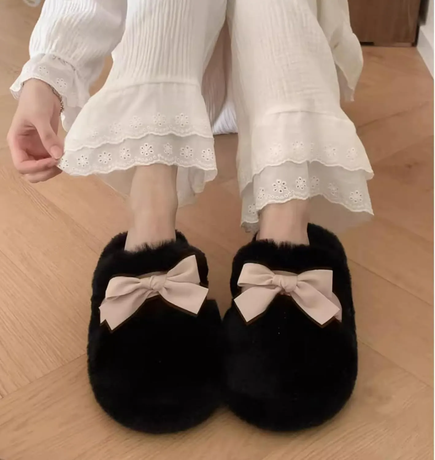 Women's Winter Warm Bow Knot Fuzzy Plush Slippers, Cute Indoor Slip-On Home Shoes for Girls