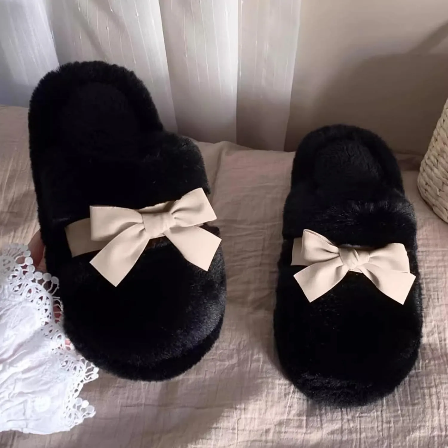 Women's Winter Warm Bow Knot Fuzzy Plush Slippers, Cute Indoor Slip-On Home Shoes for Girls
