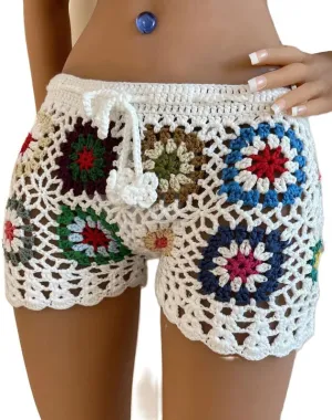 Womens Y2k Hollow Out Knit Shorts Crochet Bikini Swimsuit Cover Up Sexy Sheer Beach Shorts Floral Print Boho Bottom
