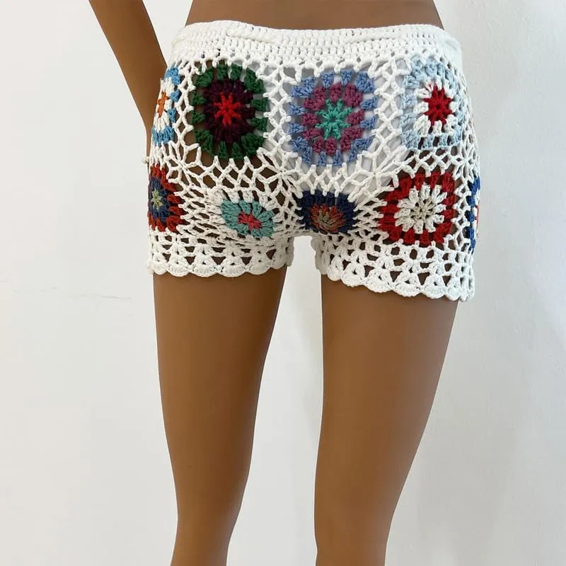 Womens Y2k Hollow Out Knit Shorts Crochet Bikini Swimsuit Cover Up Sexy Sheer Beach Shorts Floral Print Boho Bottom